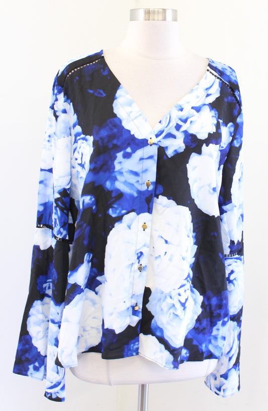 NWT Calvin Klein Black Blue Floral Button Front Eyelet Trim Blouse Top Size XL Long Sleeve