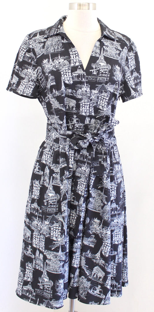 Karl Lagerfeld Black Paris Novelty City Print A Line Shirt Dress Size 8 Belted
