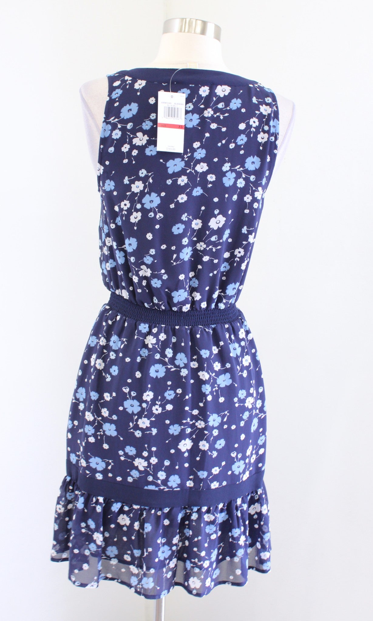 NWT $165 Michael Kors Blue Floral V Neck Smocked Waist Flounce Hem Dress Size XS