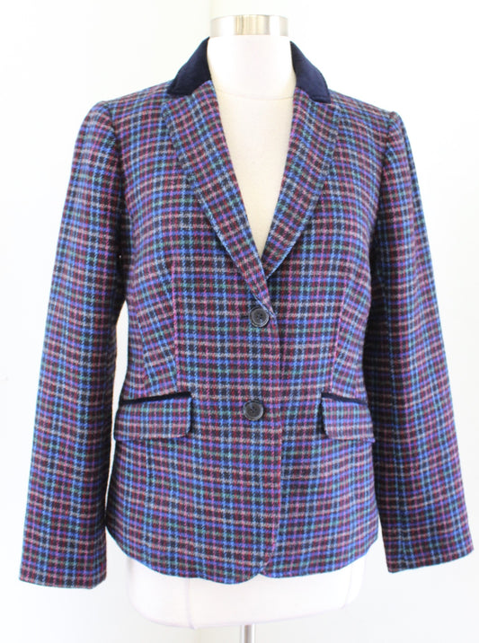 Talbots Mistletoe Plaid Shetland Wool Blazer Jacket Size 6 Velvet Trim Blue