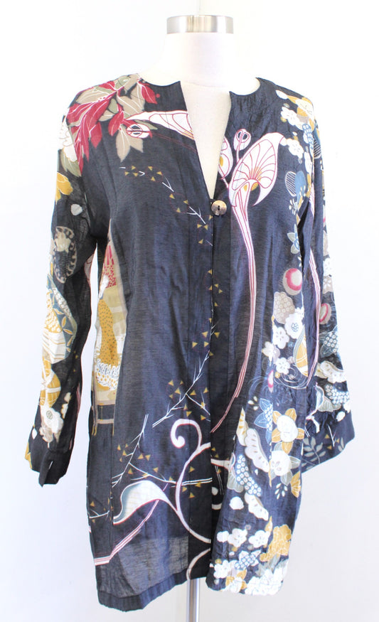 Citron Santa Monica Black Floral Kimono Style Topper Jacket Lightweight Size M