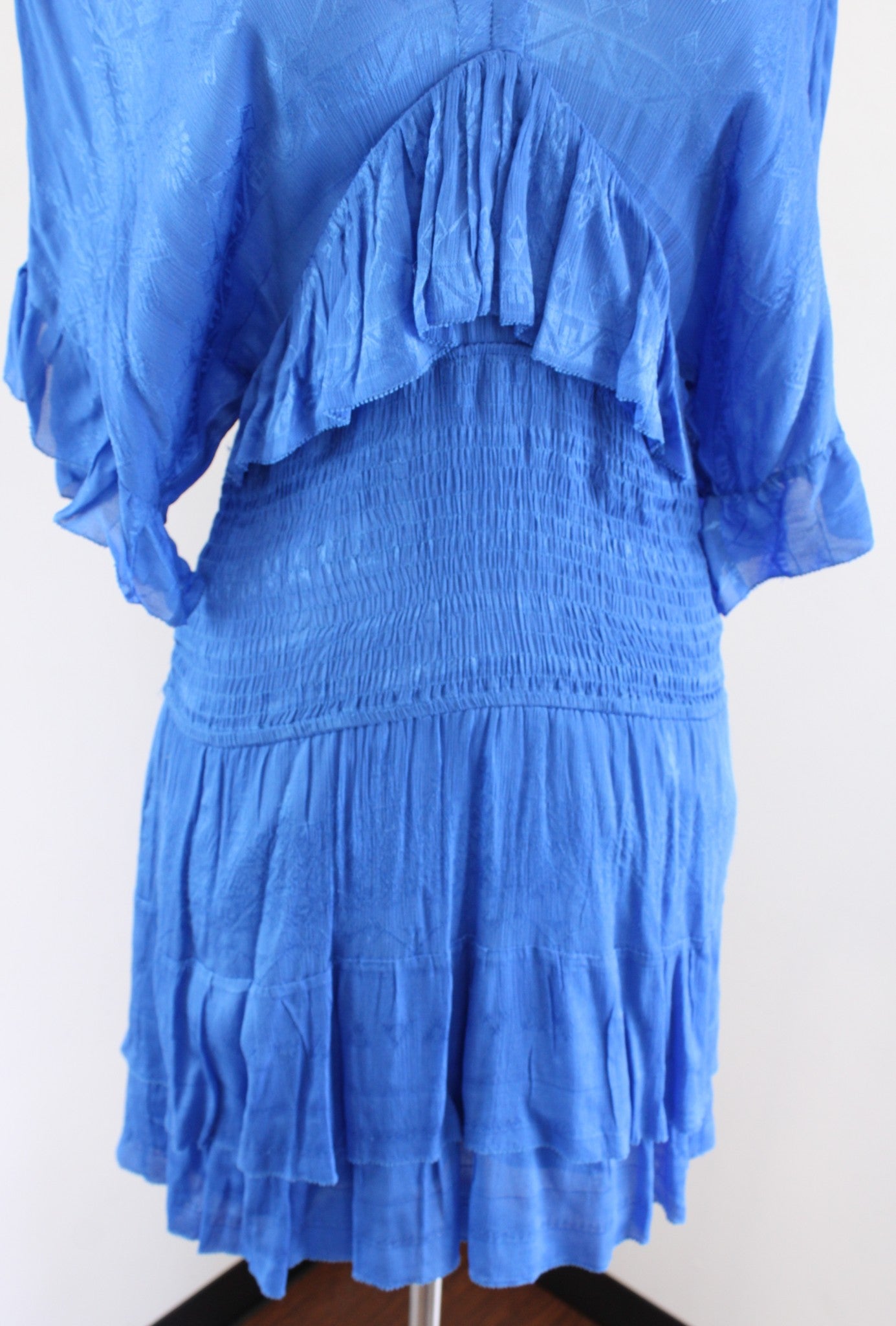 IRO Stacy Blue Geometric Embossed Shirred Waist Ruffle Dress Kimono Sleeve Sz 36