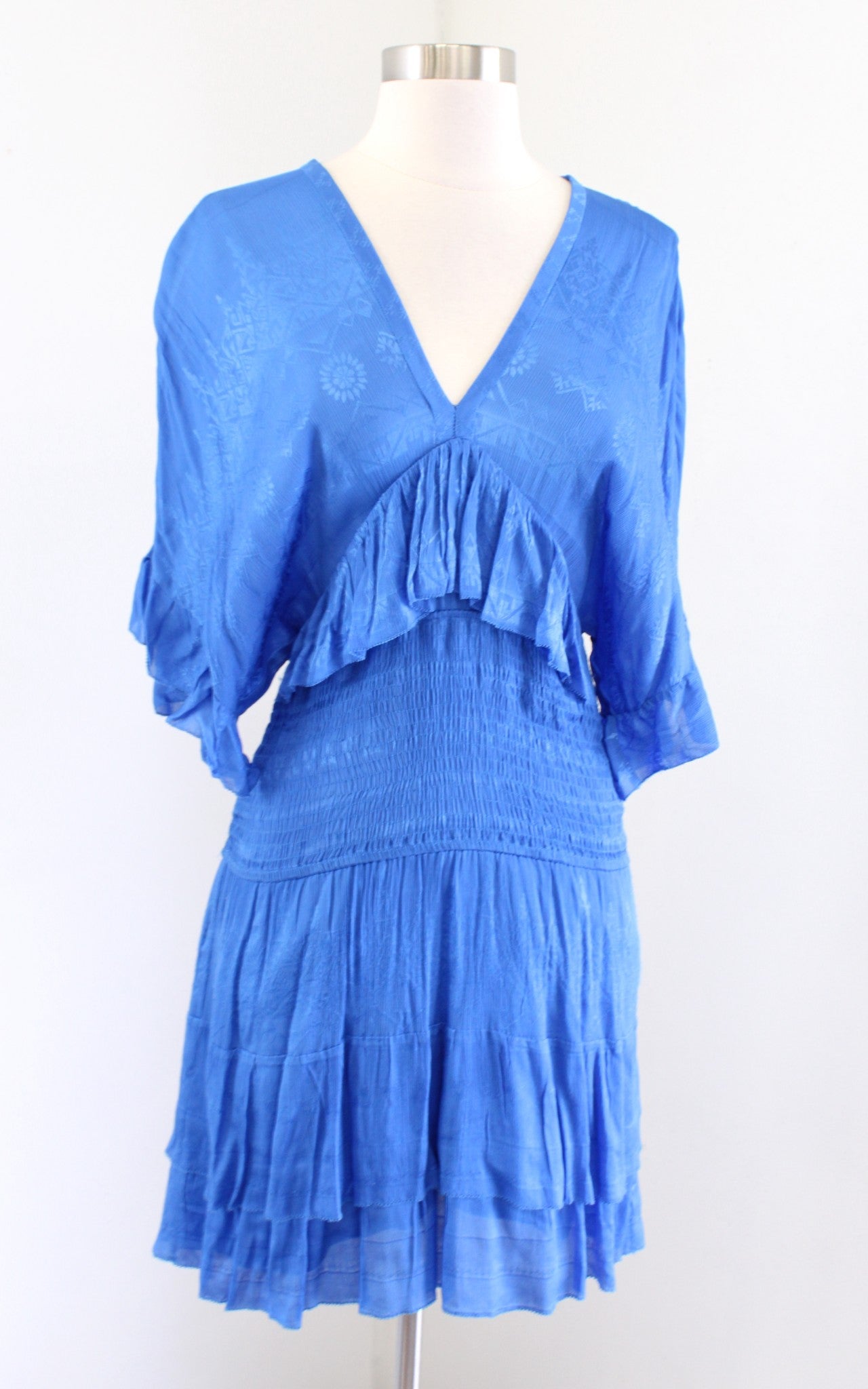 IRO Stacy Blue Geometric Embossed Shirred Waist Ruffle Dress Kimono Sleeve Sz 36