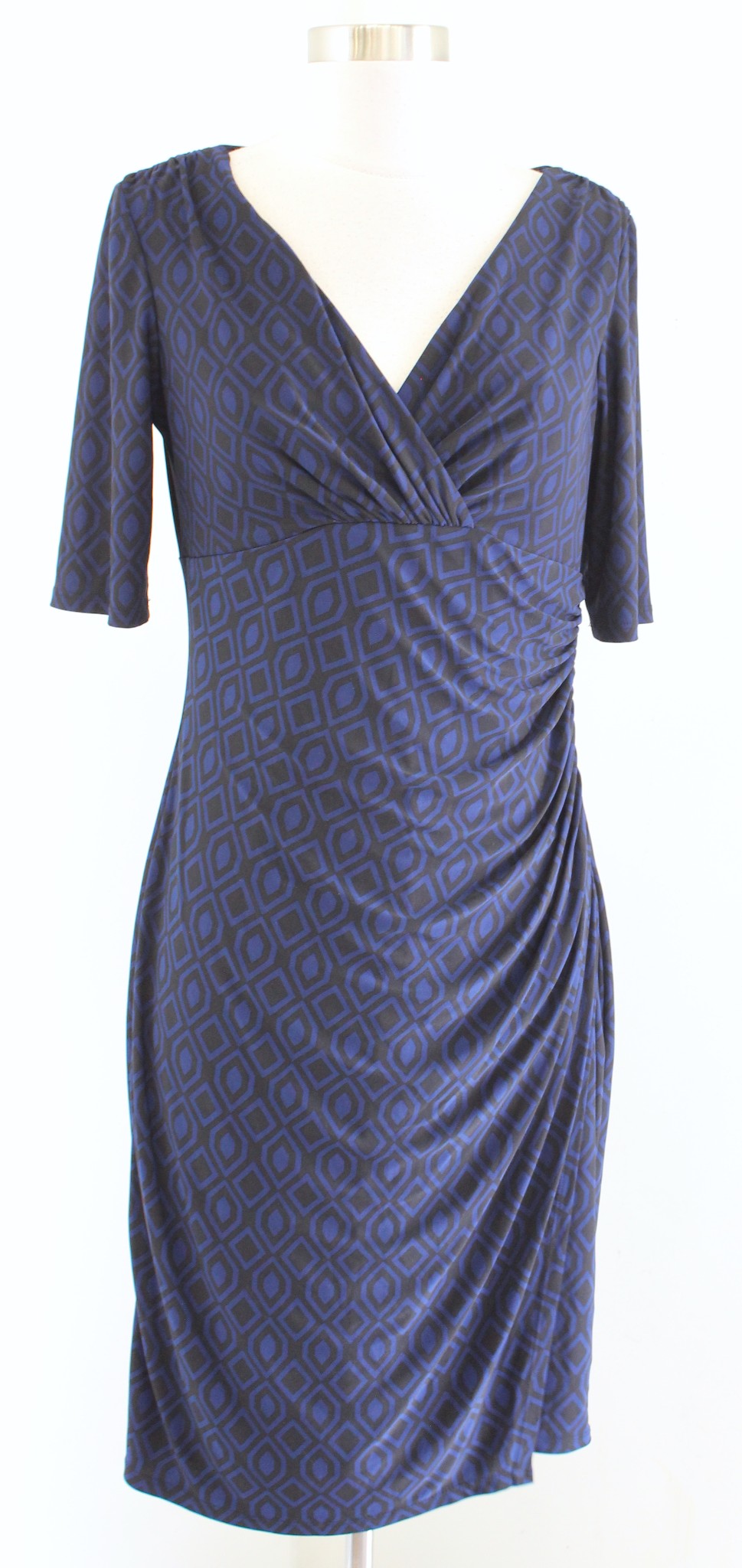 Lauren Ralph Lauren Navy Blue Black Geometric Print Ruched Wiggle Dress Sheath 8