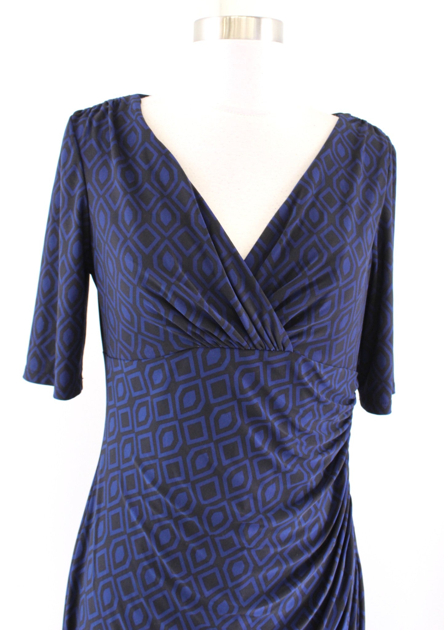 Lauren Ralph Lauren Navy Blue Black Geometric Print Ruched Wiggle Dress Sheath 8
