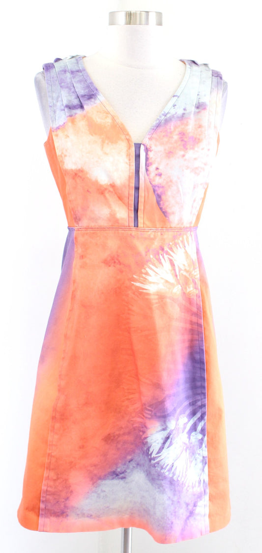 Elie Tahari Orange Purple Abstract Print Fit and Flare V Neck Dress Sz 4 A Line