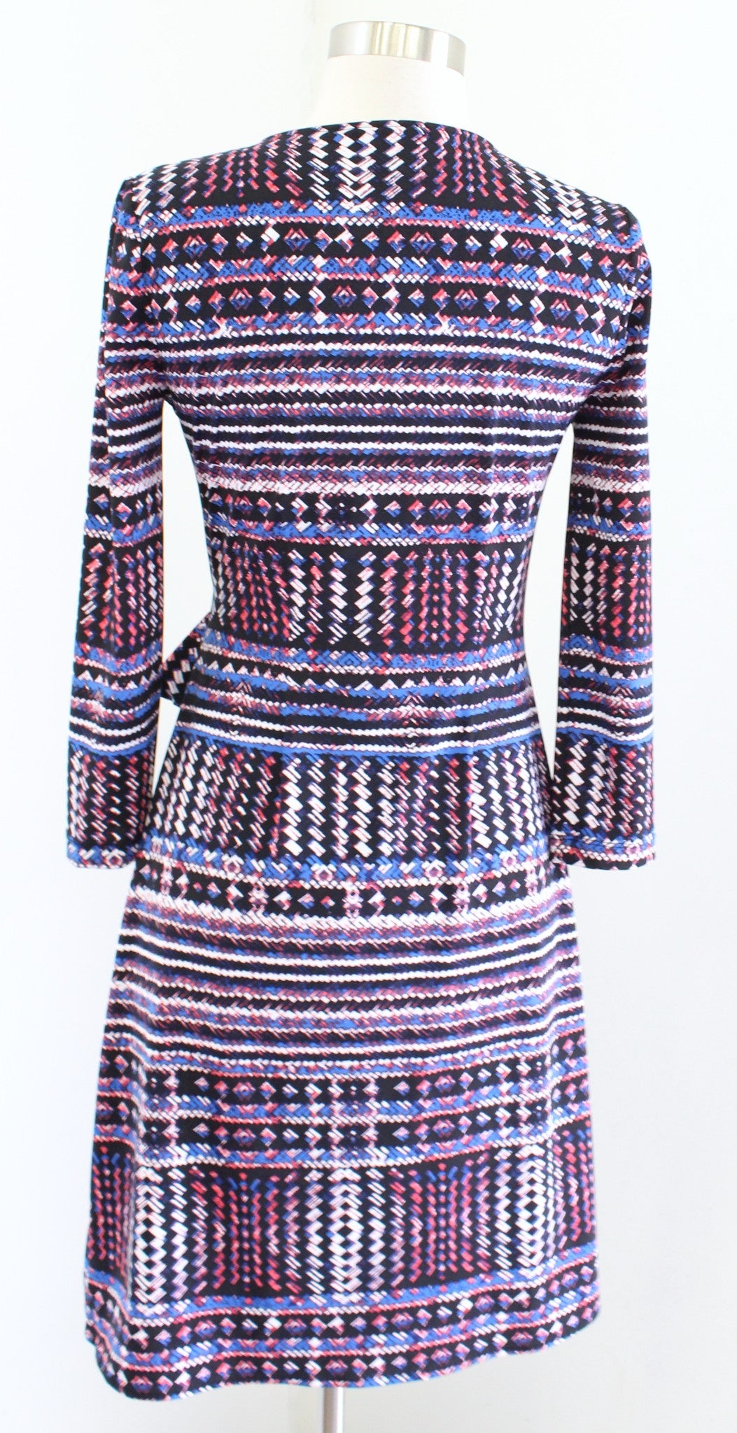 BCBG Max Azria Adele Black Blue Red Geometric Print Jersey Wrap Tie Dress Sz XS
