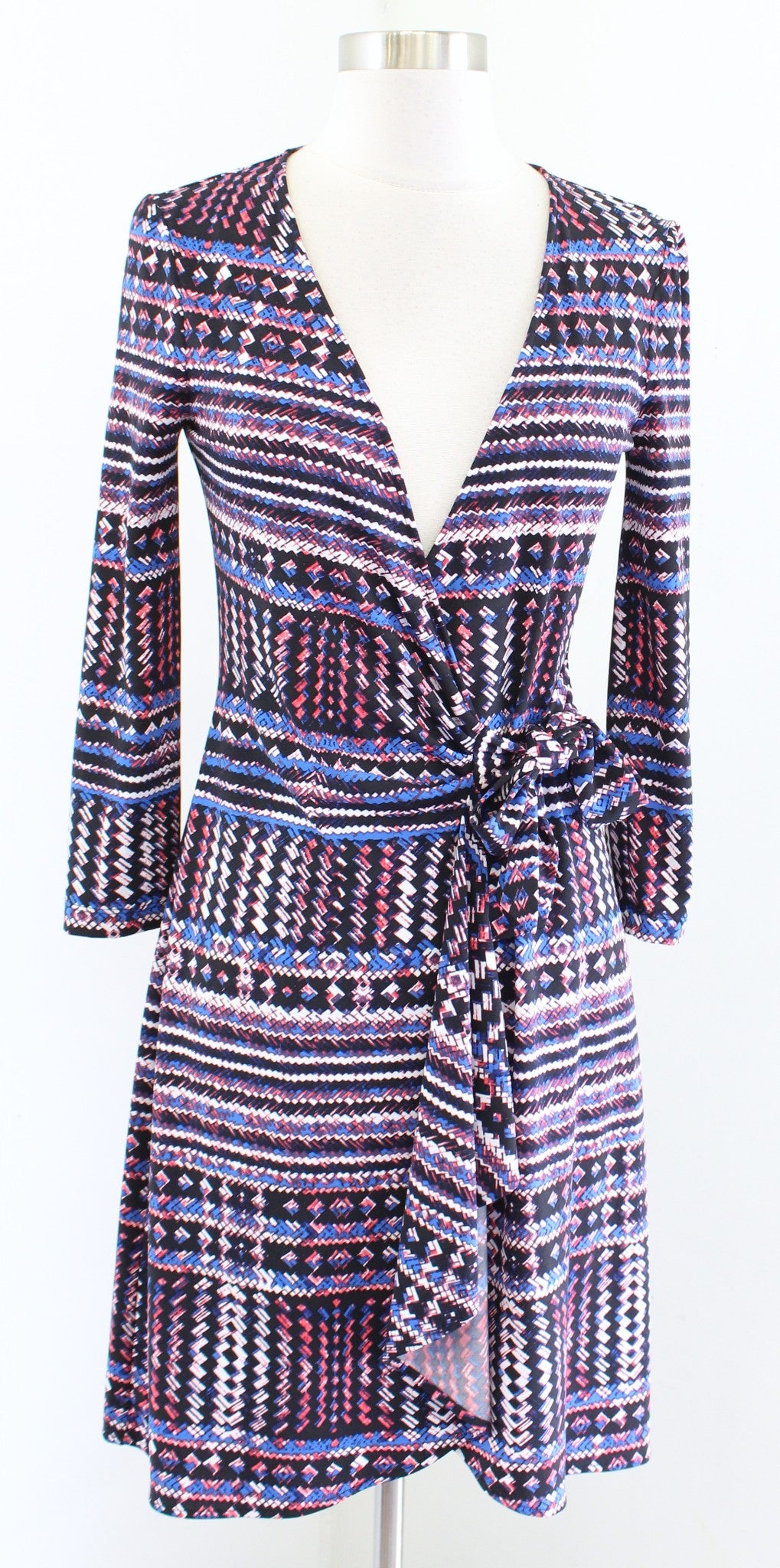 BCBG Max Azria Adele Black Blue Red Geometric Print Jersey Wrap Tie Dress Sz XS