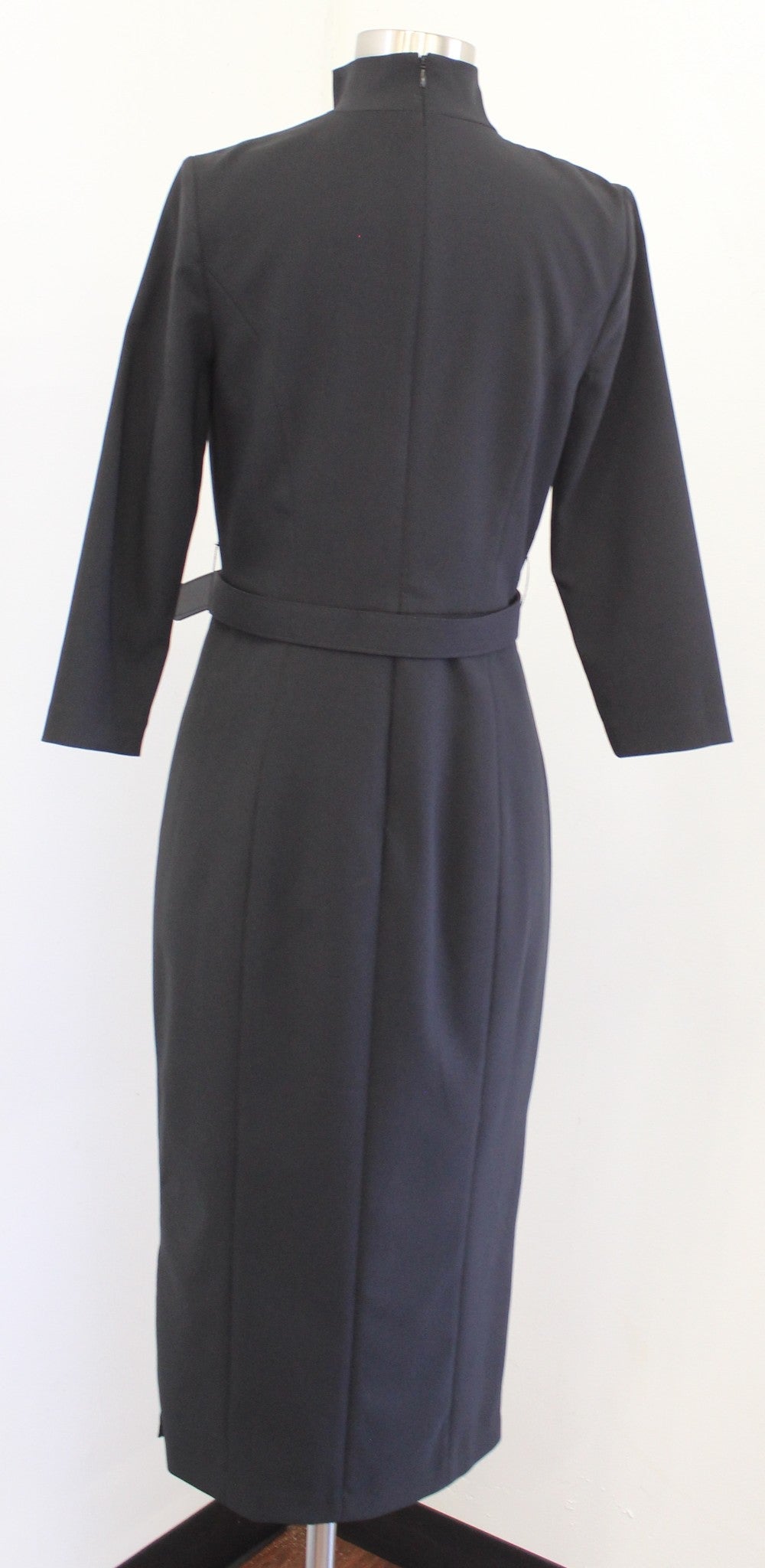 Kay Unger Solid Black Swan Neck Midi Sheath Dress Size 8 Belted Career Office