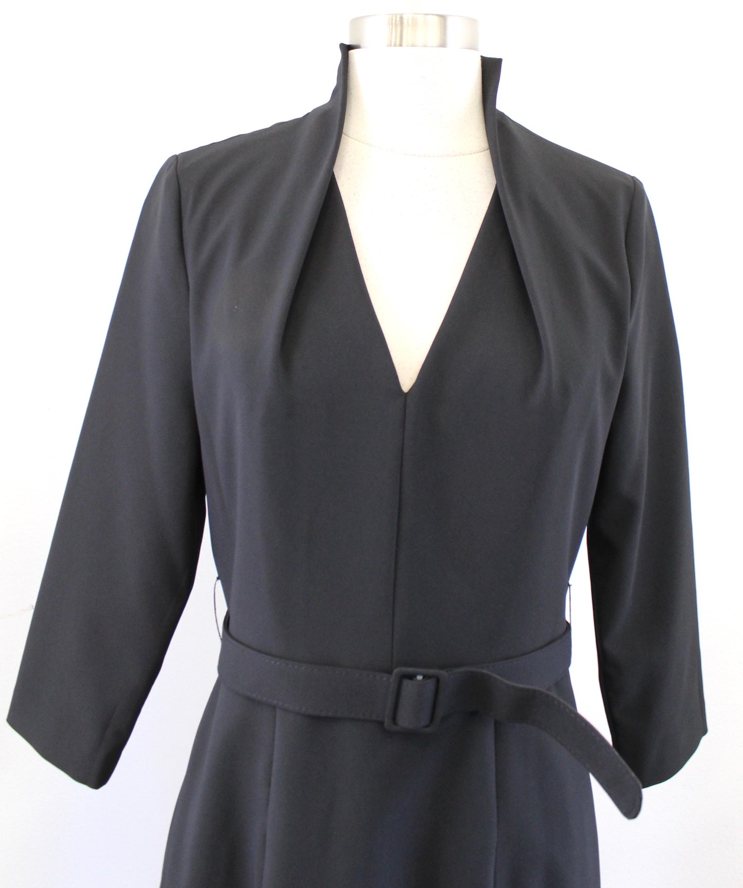 Kay Unger Solid Black Swan Neck Midi Sheath Dress Size 8 Belted Career Office