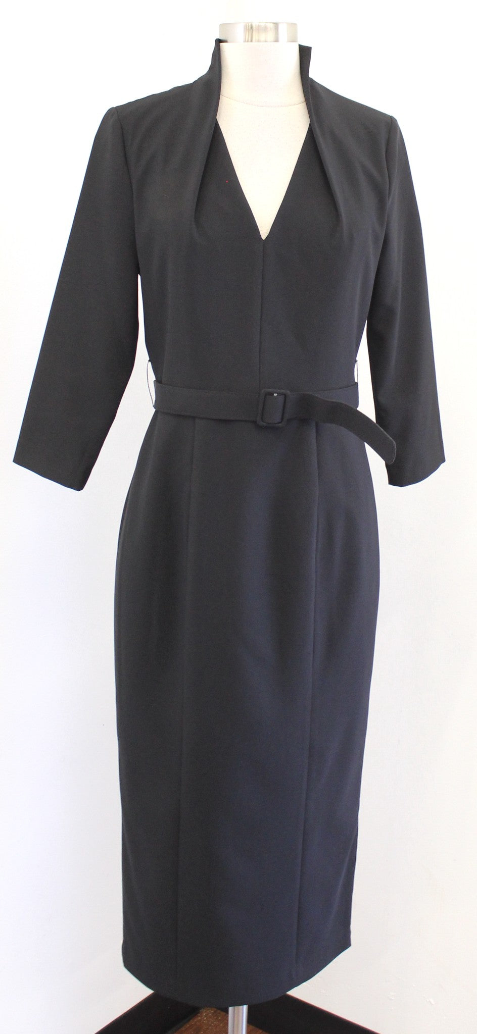 Kay Unger Solid Black Swan Neck Midi Sheath Dress Size 8 Belted Career Office
