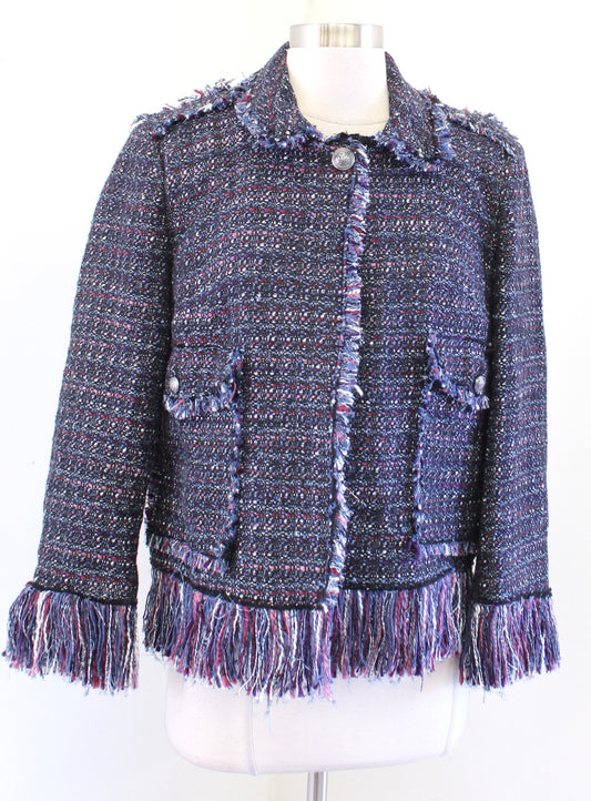 Blue Metallic Tweed Fringe Trim Blazer Jacket Size 10 For the Republic Womens