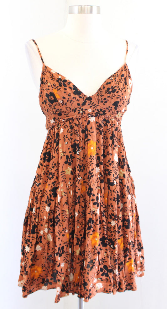 Free People x Revolve Kaley Mini Floral Tie Back Dress size 2 Copper Brown