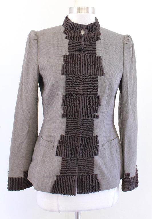 Rena Lange Brown Wool Blend 3D Ruffle Textured Zip Front Blazer Jacket Size Us 6