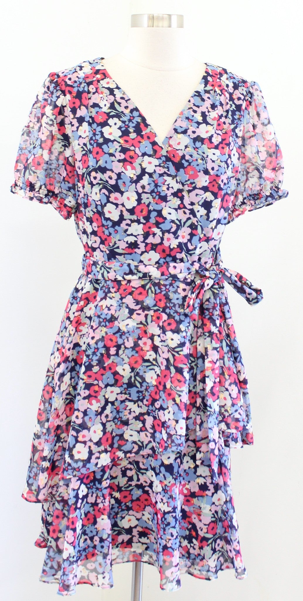 Tahari ASL Levine Blue Multi Floral Faux Wrap Tie Waist Ruffle Dress Size 6