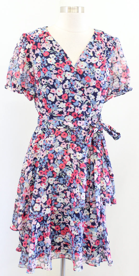 Tahari ASL Levine Blue Multi Floral Faux Wrap Tie Waist Ruffle Dress Size 6