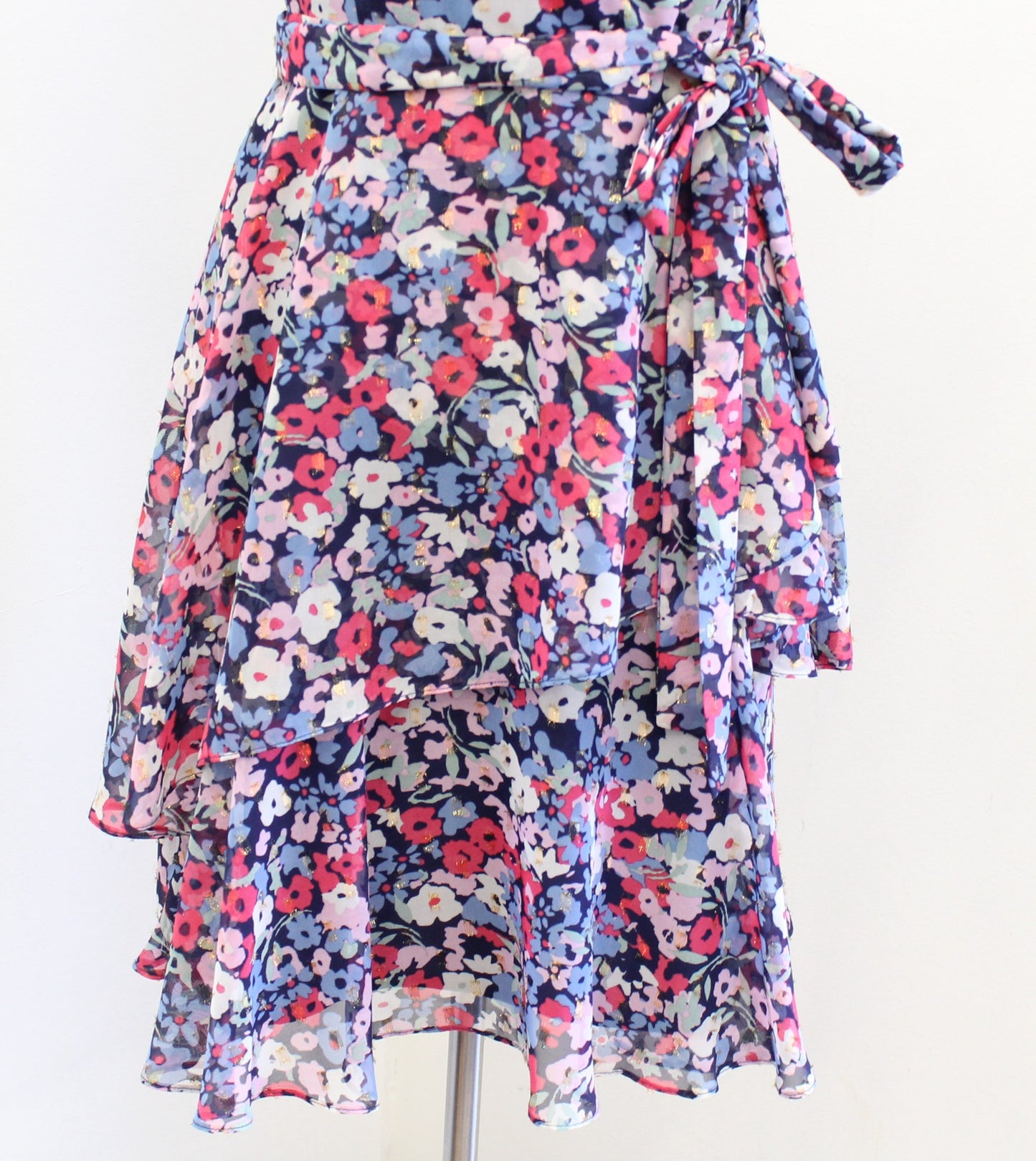 Tahari ASL Levine Blue Multi Floral Faux Wrap Tie Waist Ruffle Dress Size 6
