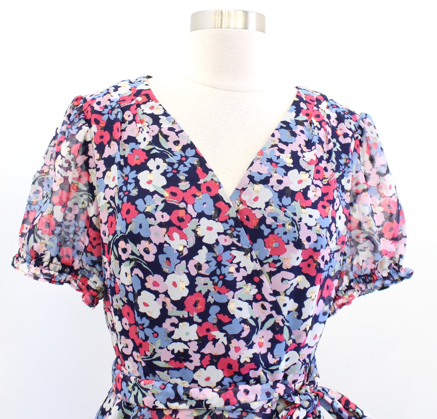 Tahari ASL Levine Blue Multi Floral Faux Wrap Tie Waist Ruffle Dress Size 6