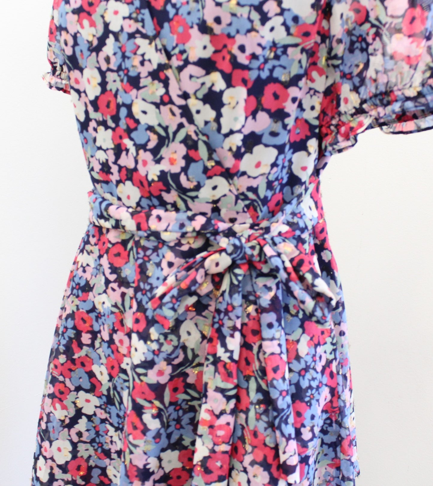Tahari ASL Levine Blue Multi Floral Faux Wrap Tie Waist Ruffle Dress Size 6