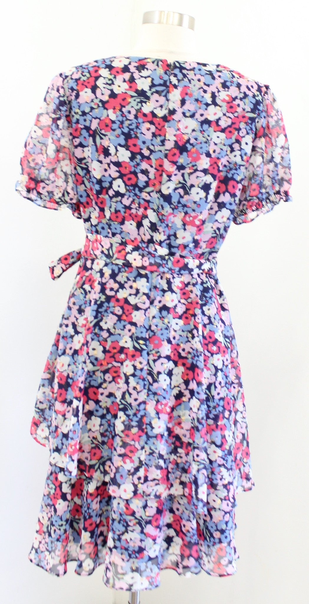 Tahari ASL Levine Blue Multi Floral Faux Wrap Tie Waist Ruffle Dress Size 6