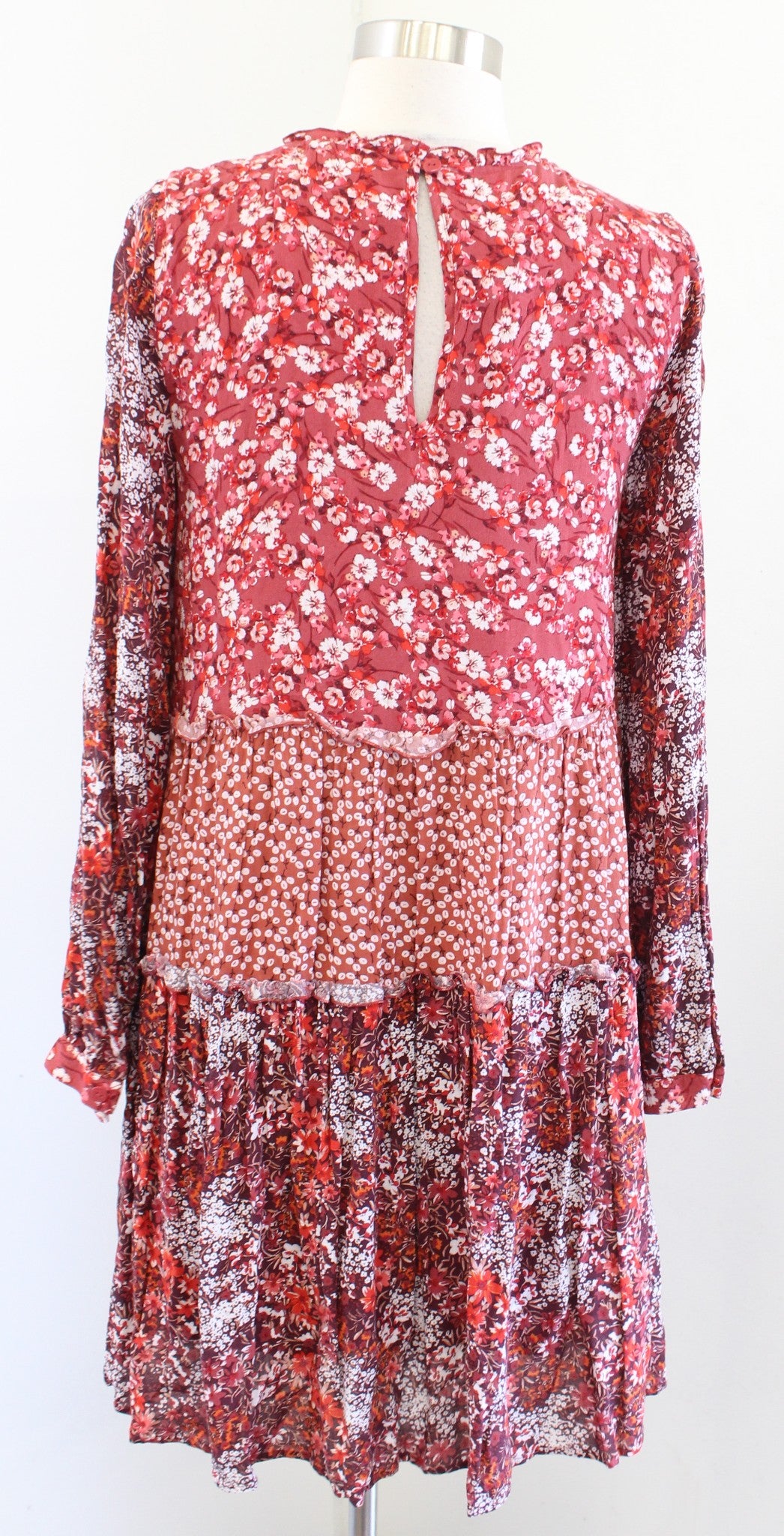 Maeve Anthropologie Esther Mixed Floral Print Tiered Tunic Shift Dress Sz S Red