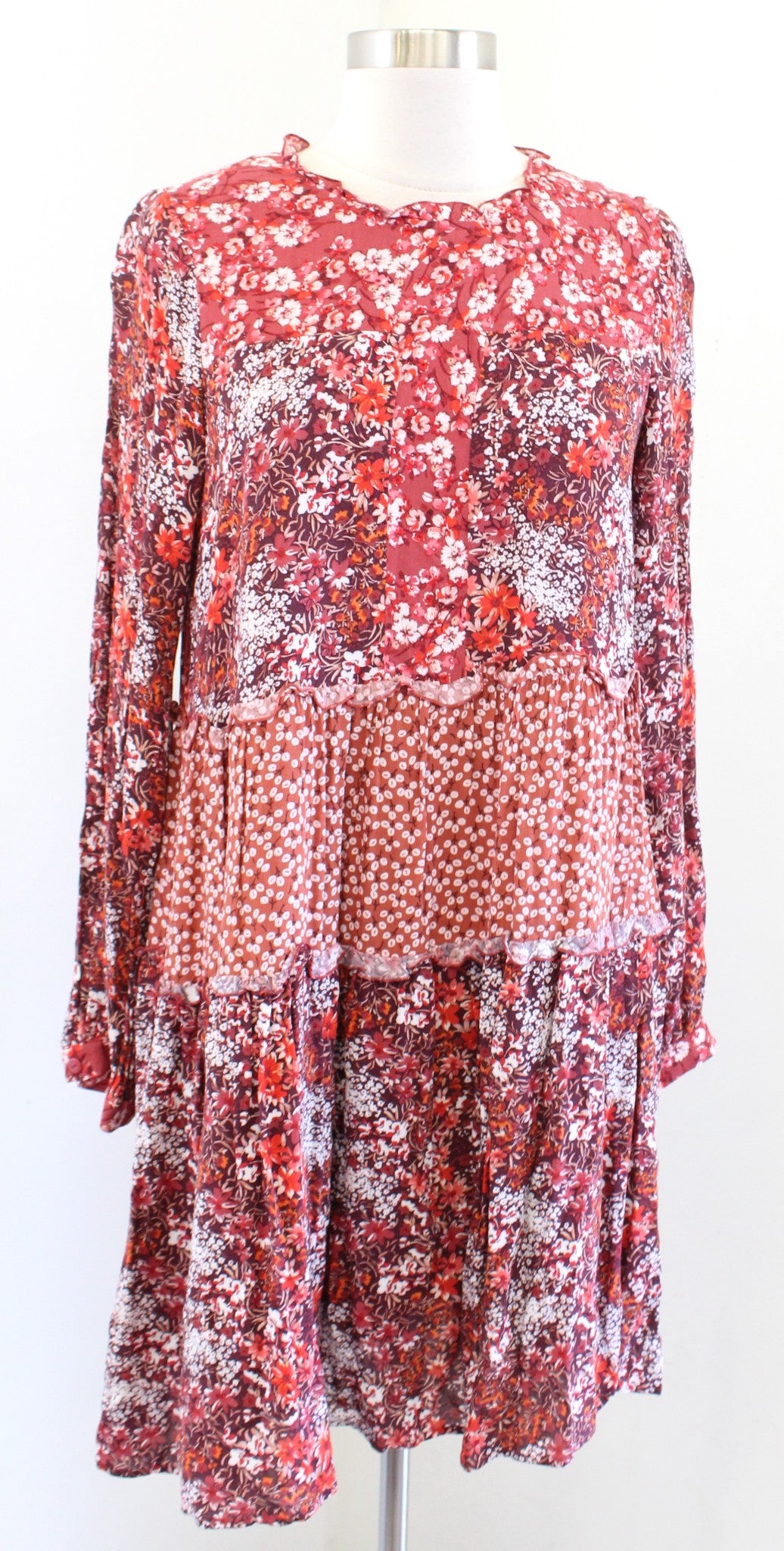 Maeve Anthropologie Esther Mixed Floral Print Tiered Tunic Shift Dress Sz S Red