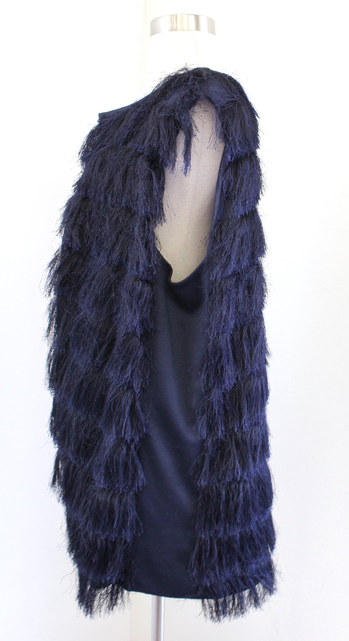 Eva Franco Anthropologie Navy Blue Fringe Open Front Vest Topper Size XL