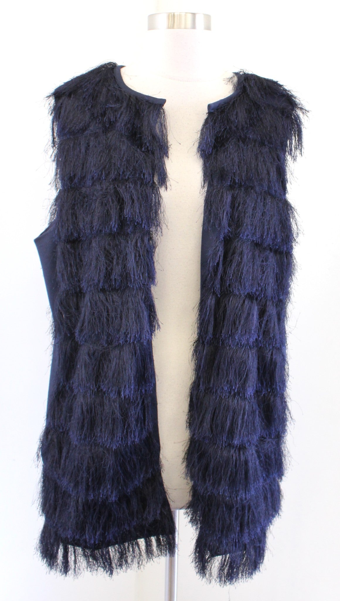 Eva Franco Anthropologie Navy Blue Fringe Open Front Vest Topper Size XL