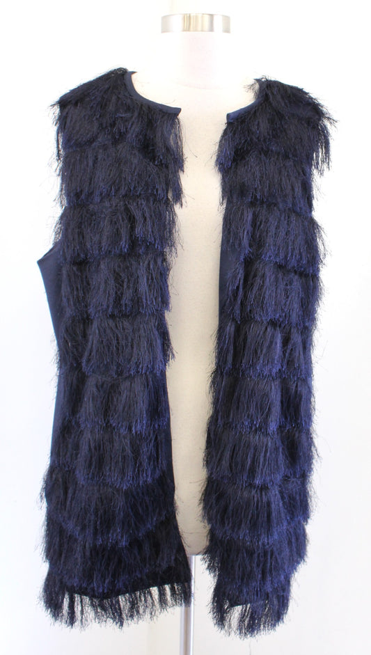 Eva Franco Anthropologie Navy Blue Fringe Open Front Vest Topper Size XL