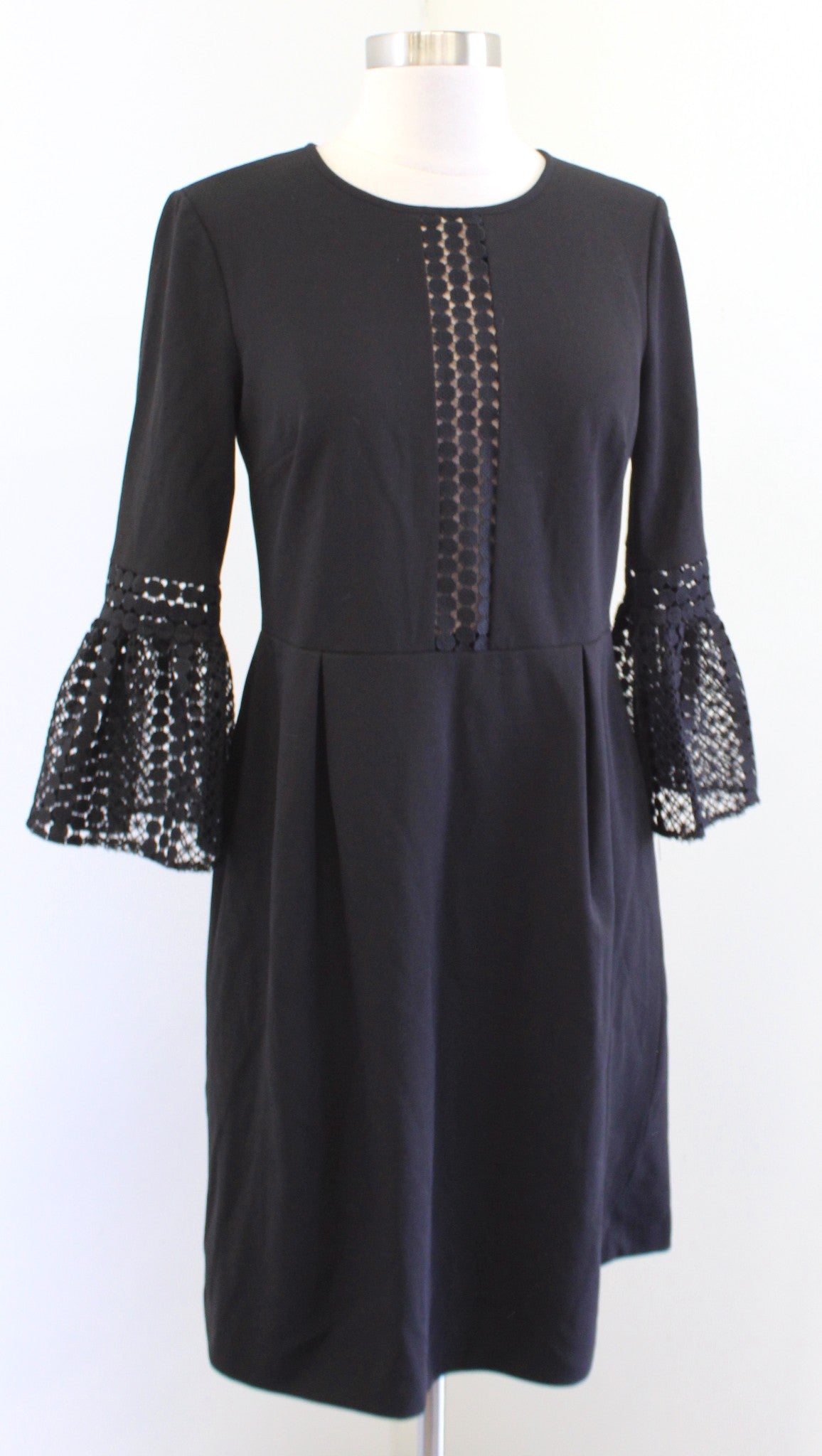 Ivanka Trump Black Nude Eyelet Insert Crochet Bell Sleeve Sheath Dress Size 4