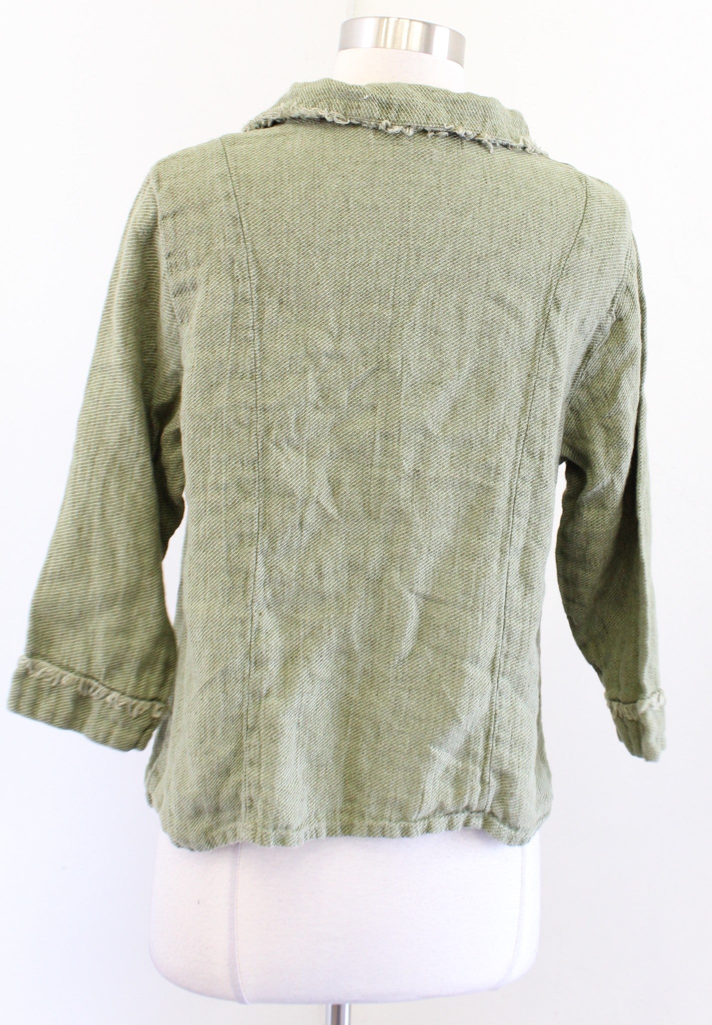Flax Womens Green 100% Linen Button Front Fringe Trim Top Blouse Shirt SIze S
