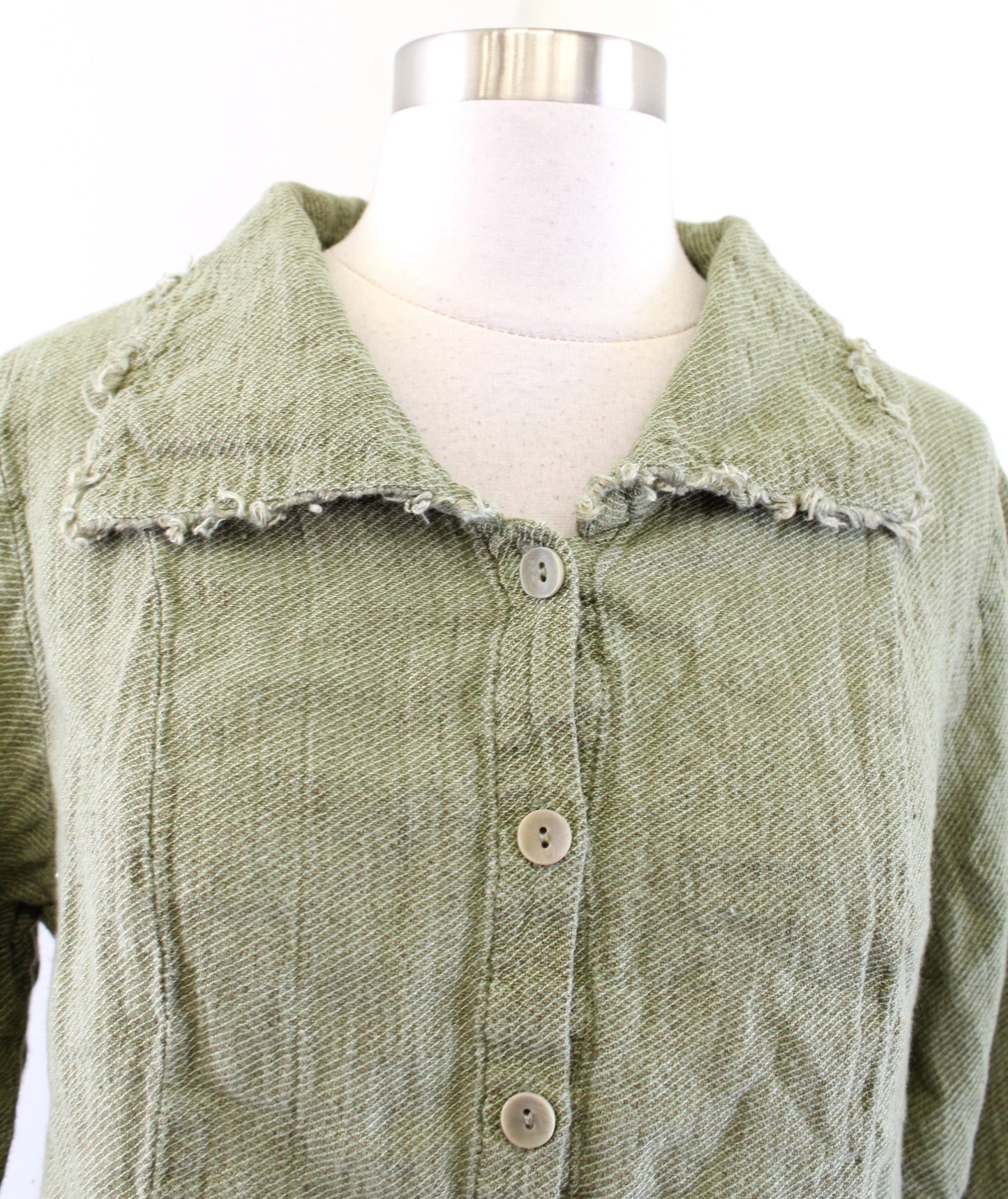 Flax Womens Green 100% Linen Button Front Fringe Trim Top Blouse Shirt SIze S