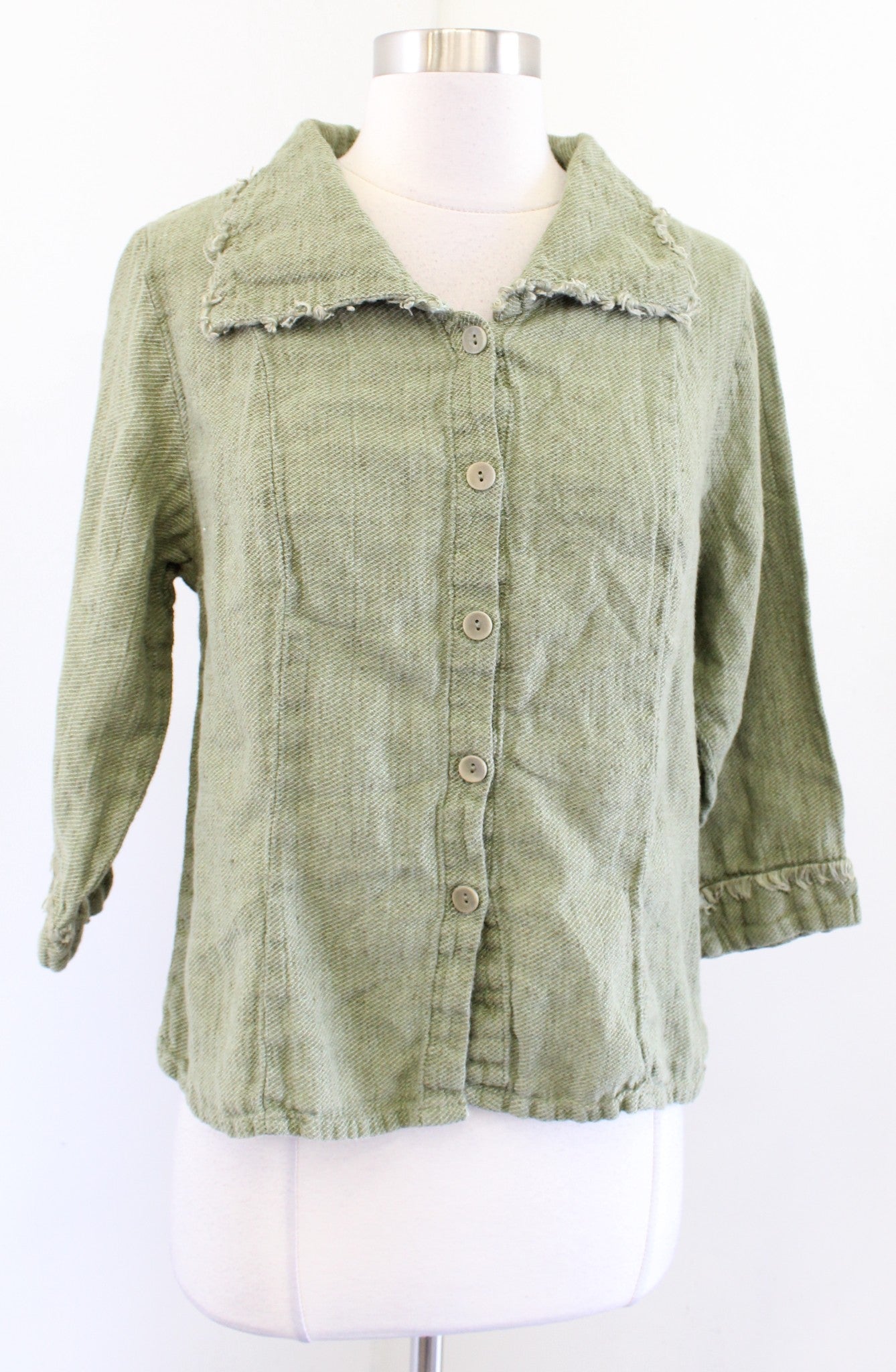 Flax Womens Green 100% Linen Button Front Fringe Trim Top Blouse Shirt SIze S
