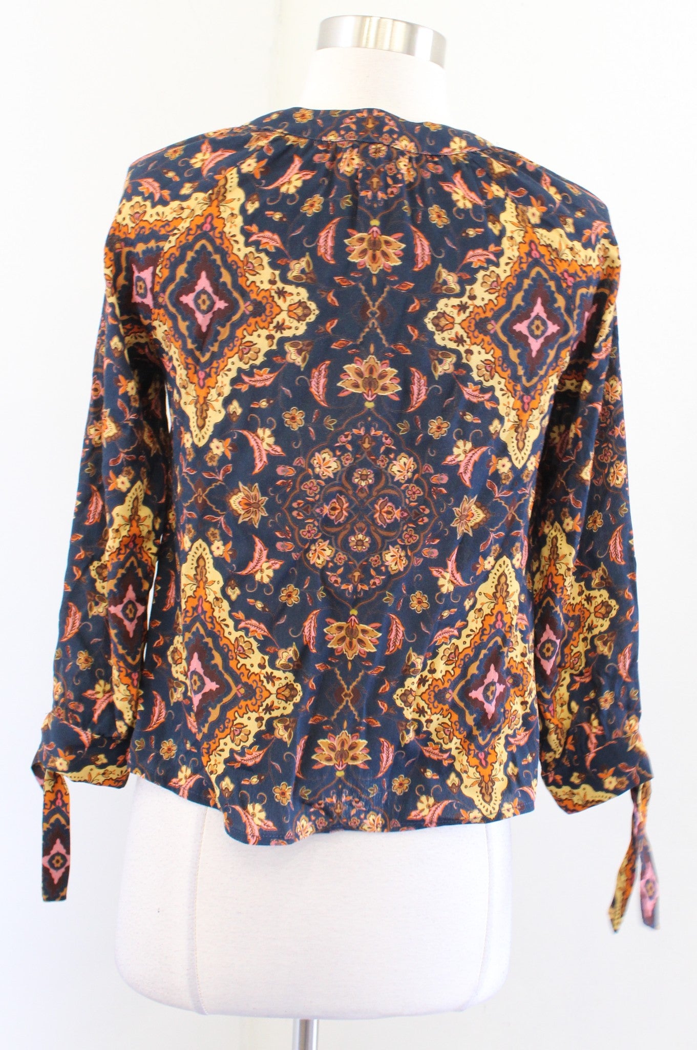 Kachel x Anthropologie Navy Blue Geometric Button Front Tie Sleeve Top Blouse 2