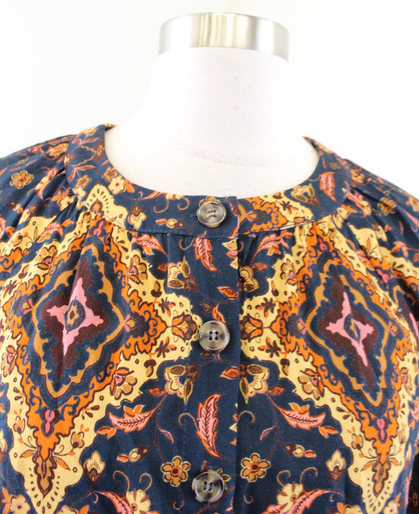 Kachel x Anthropologie Navy Blue Geometric Button Front Tie Sleeve Top Blouse 2