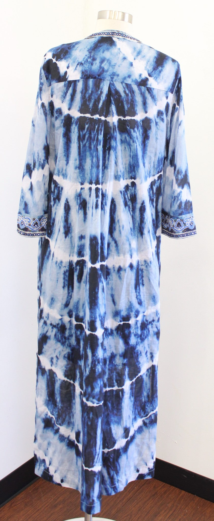 Soft Surroundings Sea Sprite Blue Tie Dye Embroidered Trim Maxi Kaftan Dress M