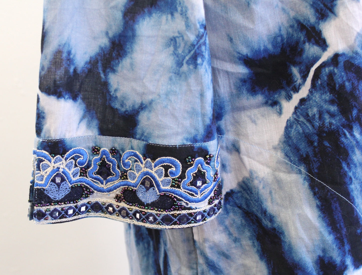 Soft Surroundings Sea Sprite Blue Tie Dye Embroidered Trim Maxi Kaftan Dress M