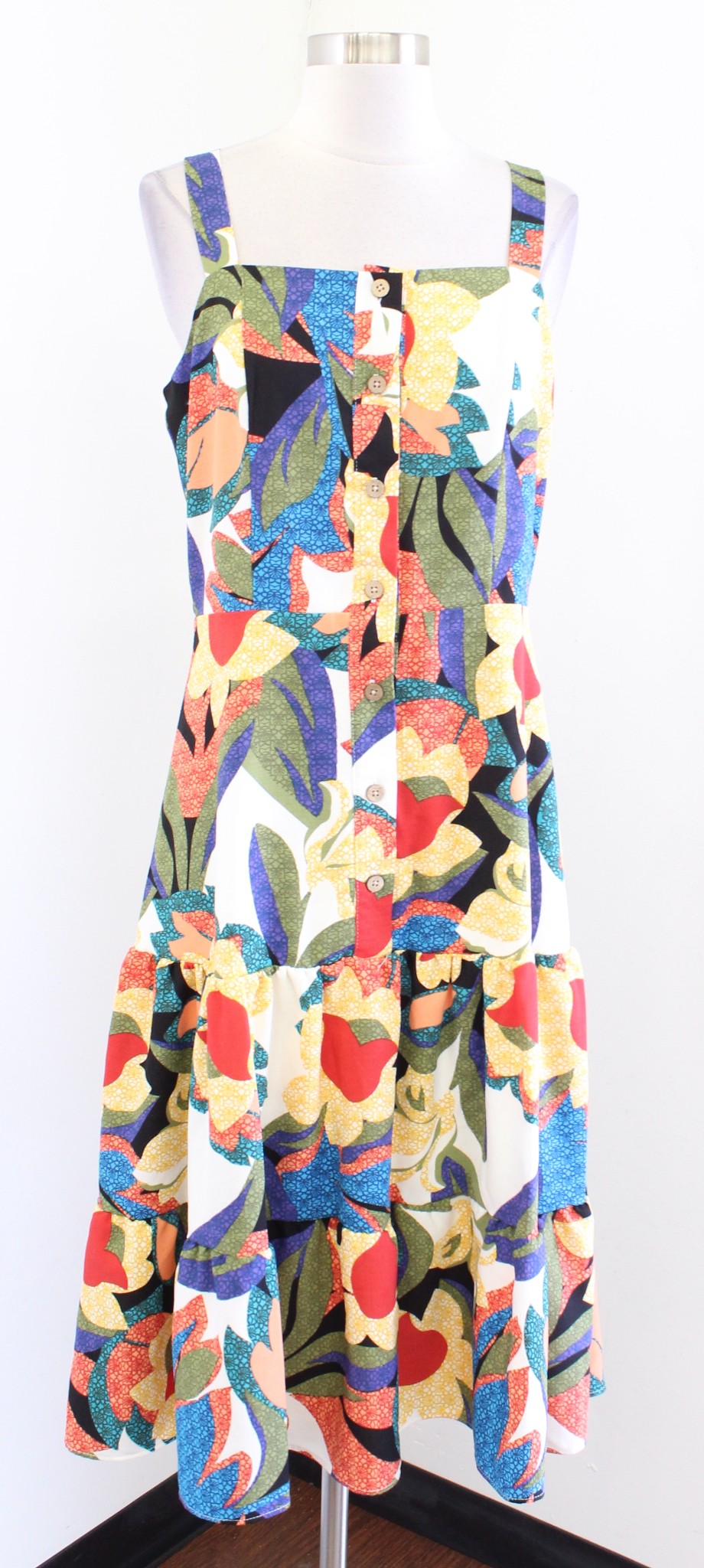 Tahari ASL Levine Colorful Geometric Floral Tiered Casual Dress Midi Size 6