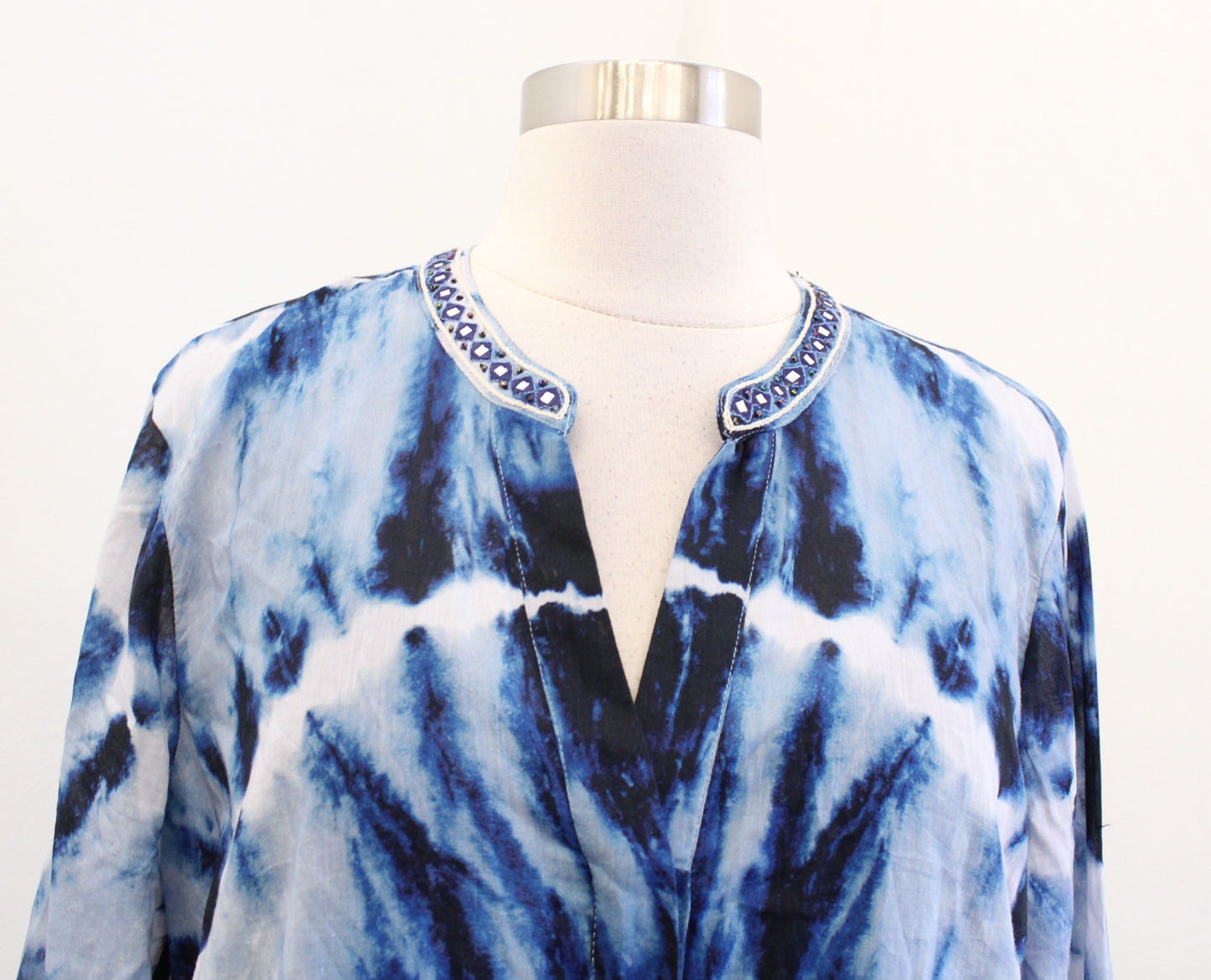 Soft Surroundings Sea Sprite Blue Tie Dye Embroidered Trim Maxi Kaftan Dress M