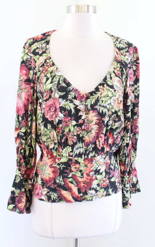 Maeve Anthropologie Black Floral Print V Neck Bell Sleeve Top Blouse Size S