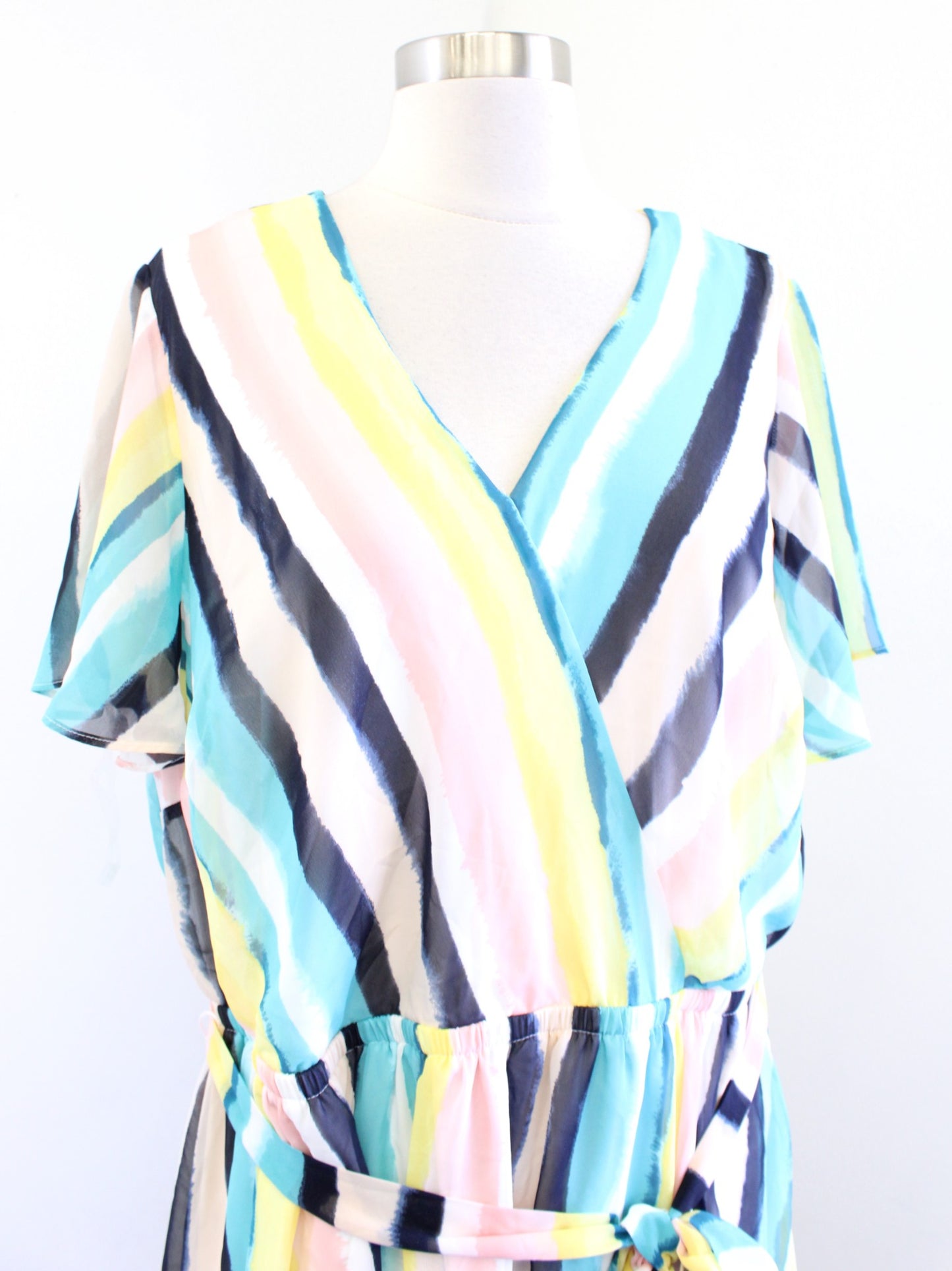 NWT Lane Bryant Watercolor Striped Tie Waist Midi Dress Size 16 Blue Yellow