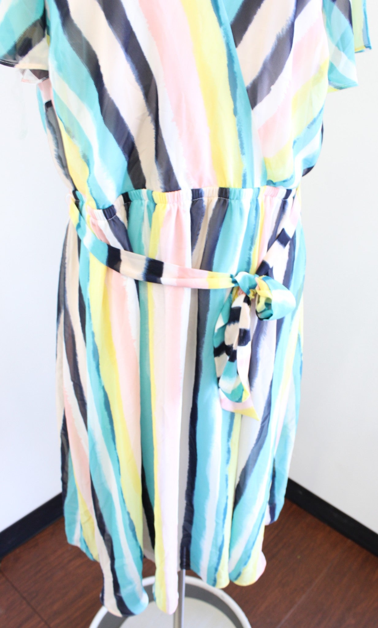 NWT Lane Bryant Watercolor Striped Tie Waist Midi Dress Size 16 Blue Yellow