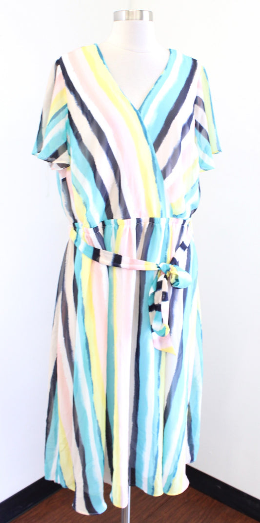 NWT Lane Bryant Watercolor Striped Tie Waist Midi Dress Size 16 Blue Yellow