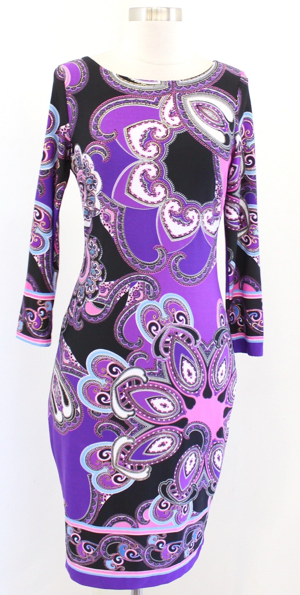 Cache Black Purple Pink Geometric Paisley Print Jersey Sheath Dress Size S