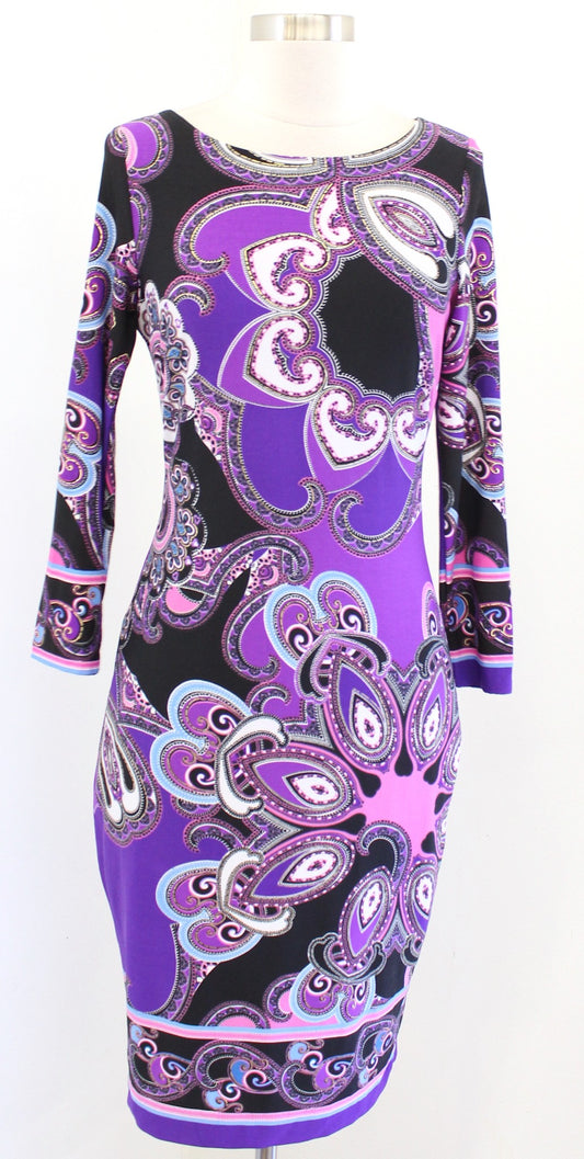 Cache Black Purple Pink Geometric Paisley Print Jersey Sheath Dress Size S