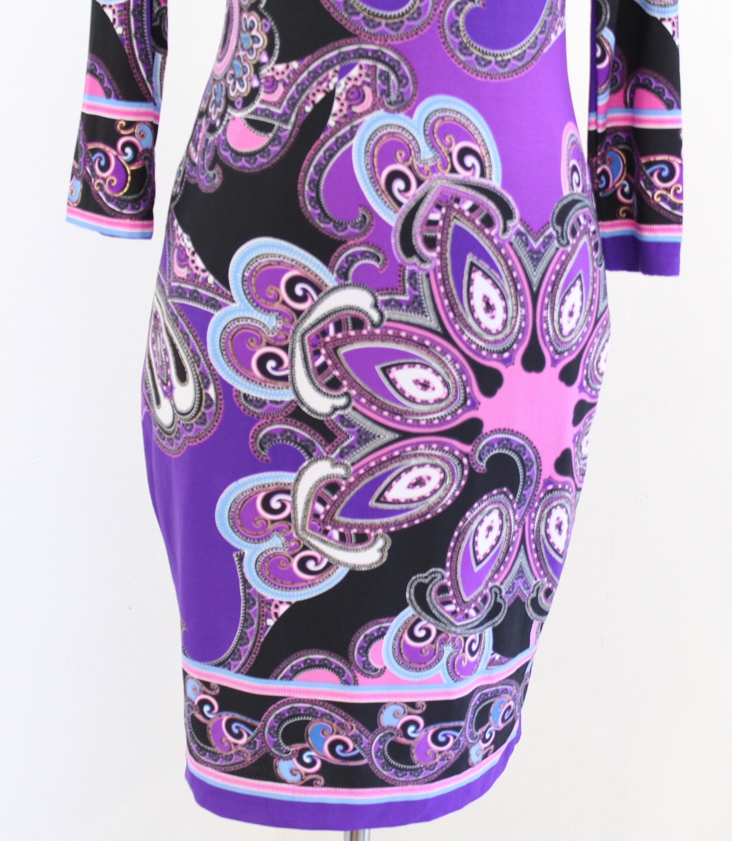 Cache Black Purple Pink Geometric Paisley Print Jersey Sheath Dress Size S