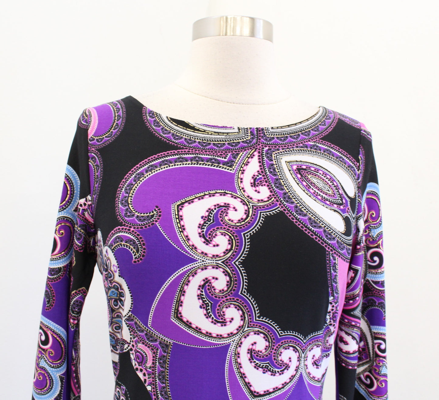 Cache Black Purple Pink Geometric Paisley Print Jersey Sheath Dress Size S