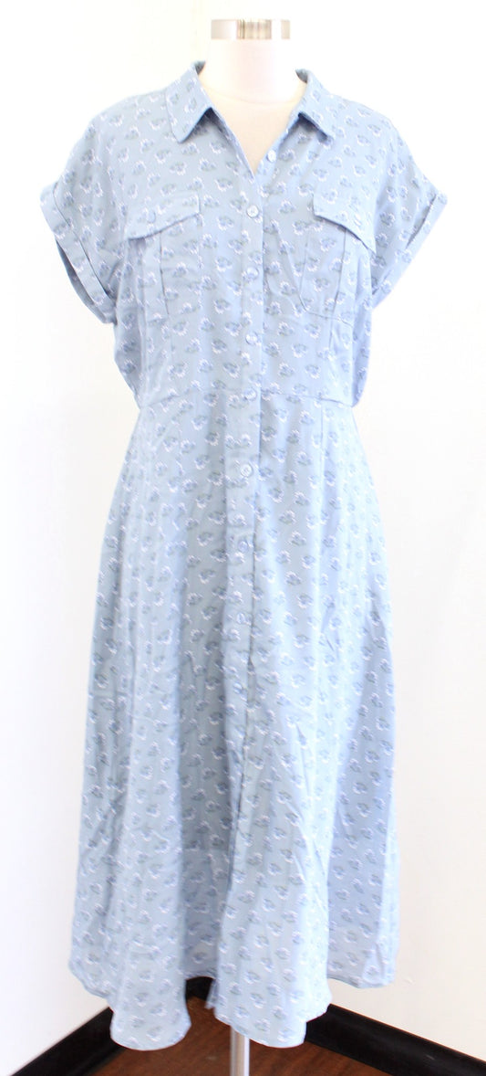 NWT Lucky Brand Womens Dusty Blue Floral Button Front Midi Shirt Dress Size L