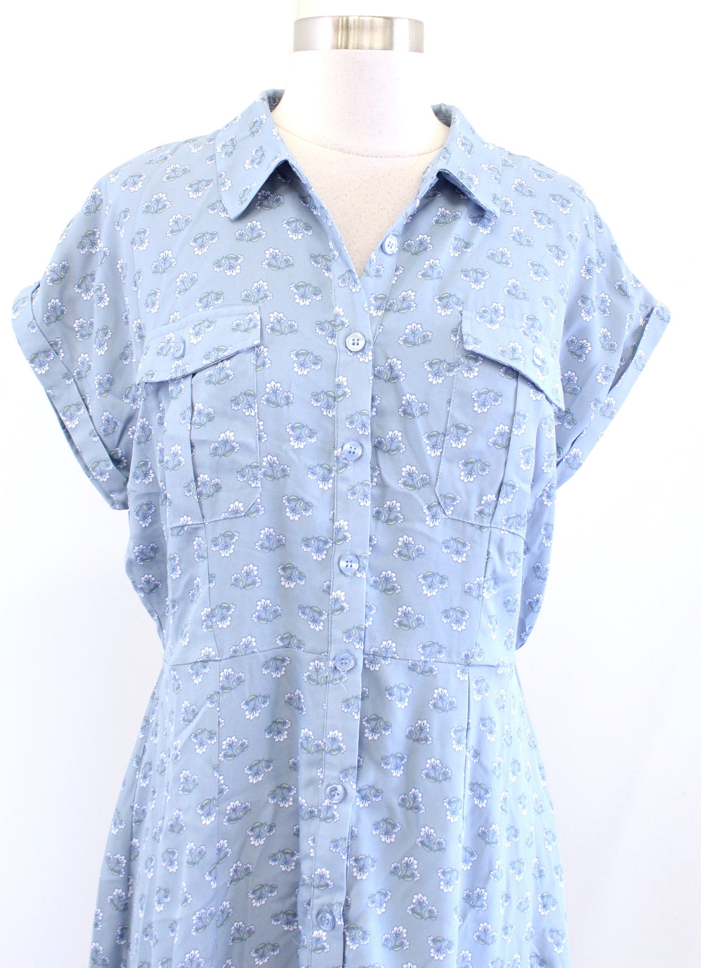 NWT Lucky Brand Womens Dusty Blue Floral Button Front Midi Shirt Dress Size L