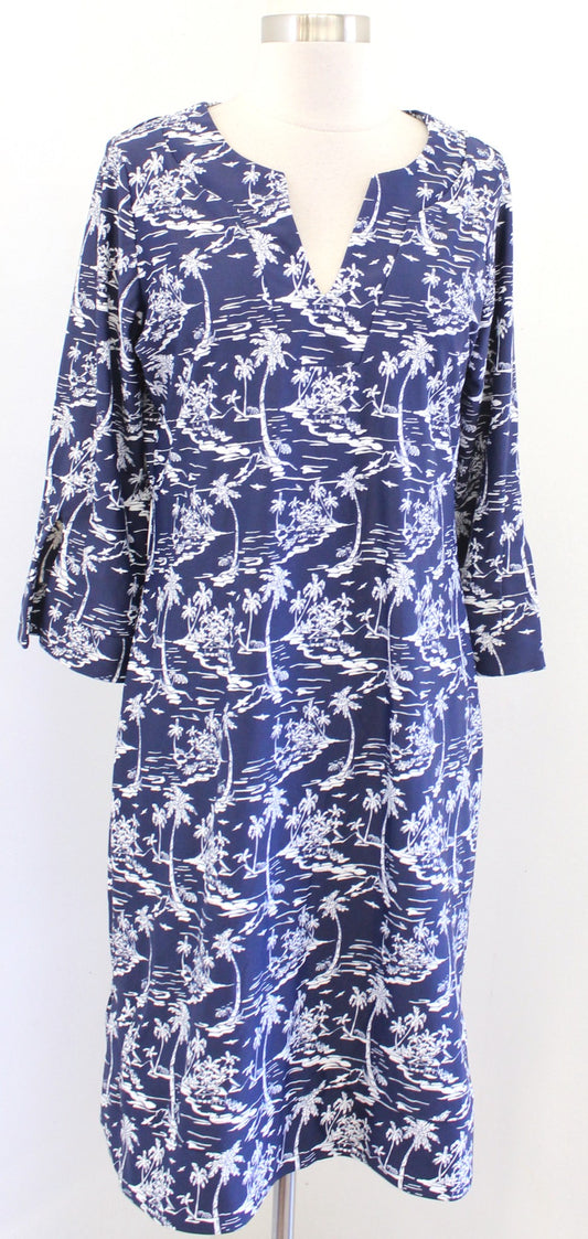 Jude Connally Navy Blue Tropical Palm Tree Beach Scene Jude Cloth Dress Size M